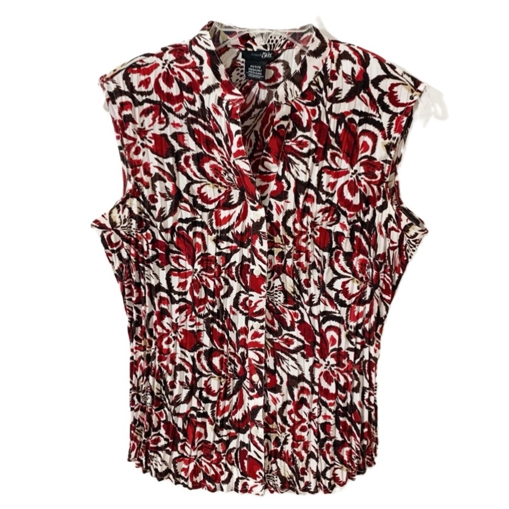 East 5th Floral Sleeveless Pleated Mandarin Collared Button Front Blouse 🟥⬛️⬜️